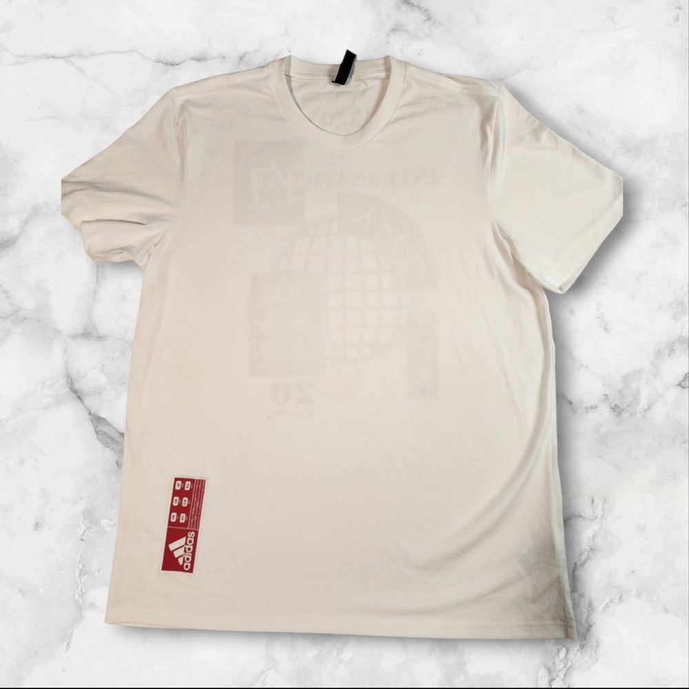 Adidas White “International” Streetwear Tee | Japanese-Inspired Graphic
